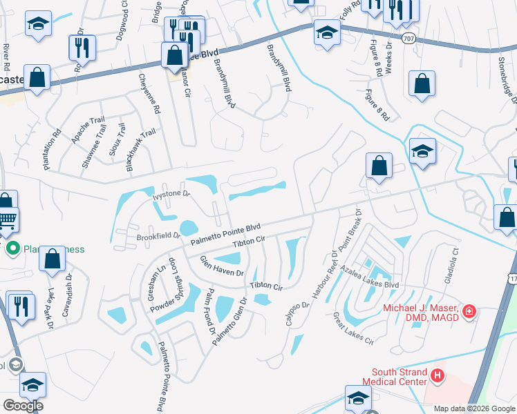 map of restaurants, bars, coffee shops, grocery stores, and more near 3810 Maypop Circle in Myrtle Beach
