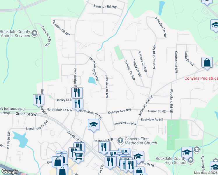 map of restaurants, bars, coffee shops, grocery stores, and more near 1115 Windgate Circle Northwest in Conyers
