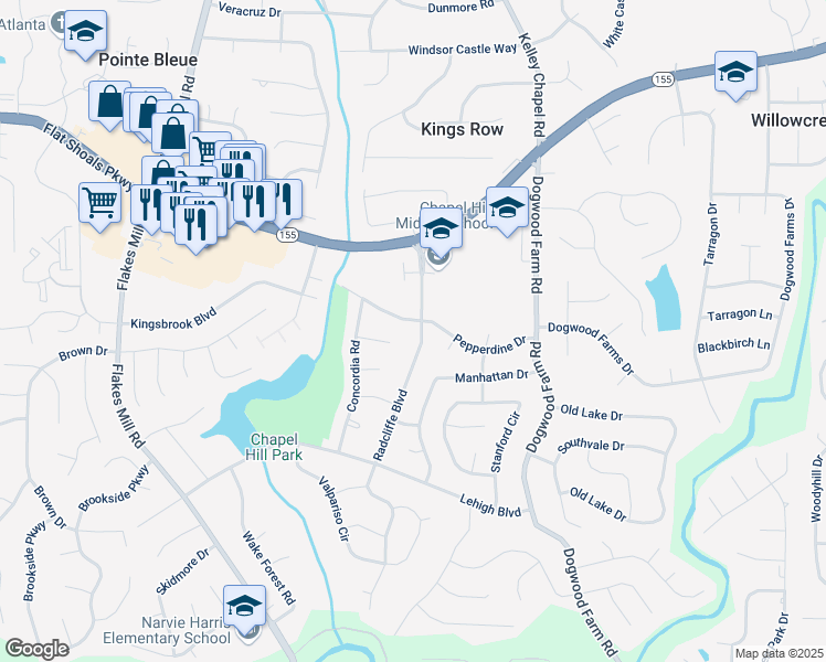 map of restaurants, bars, coffee shops, grocery stores, and more near 4129 Pepperdine Drive in Decatur
