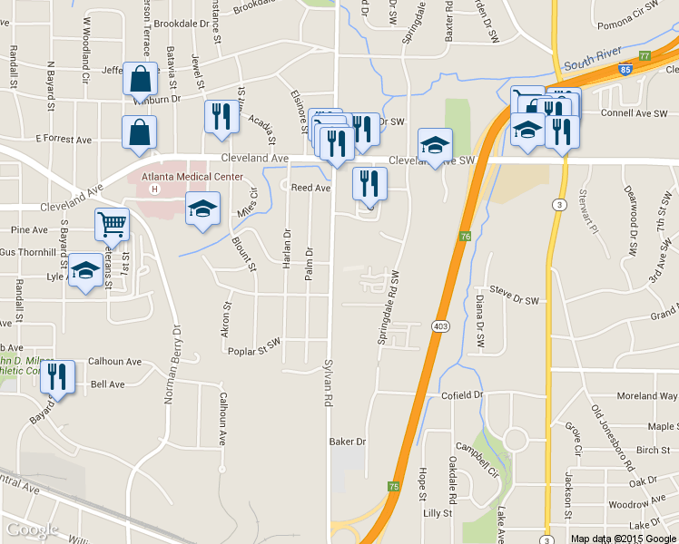 map of restaurants, bars, coffee shops, grocery stores, and more near 2874 Sylvan Road in Atlanta