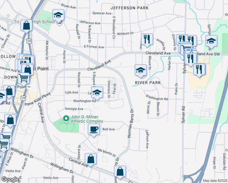 map of restaurants, bars, coffee shops, grocery stores, and more near 5 Sixth Street in East Point