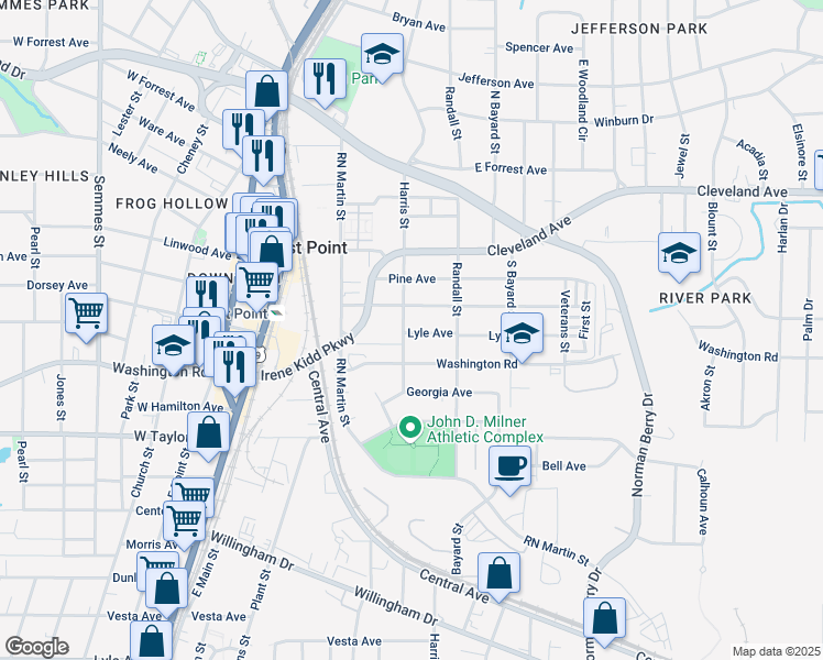 map of restaurants, bars, coffee shops, grocery stores, and more near 2872 Harris Street in Atlanta