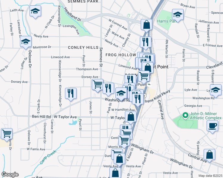 map of restaurants, bars, coffee shops, grocery stores, and more near 2889 Church Street in Atlanta