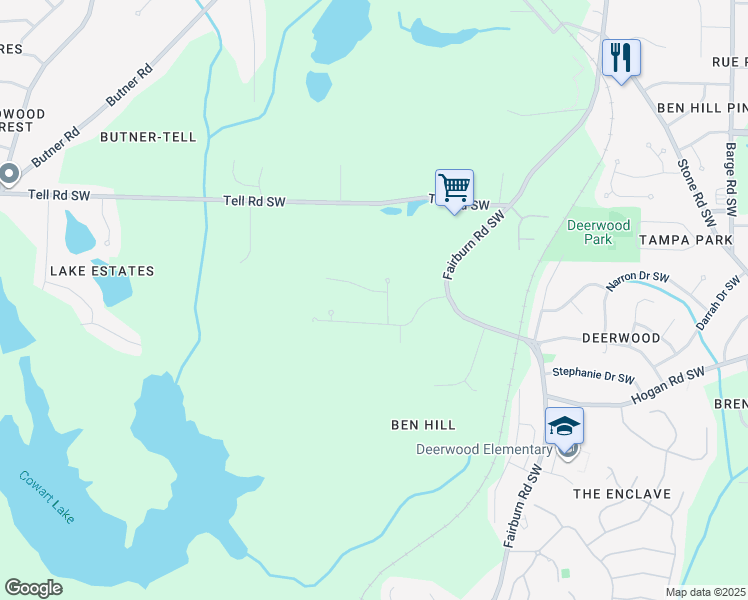 map of restaurants, bars, coffee shops, grocery stores, and more near 4009 Riverchess Drive Southwest in Atlanta