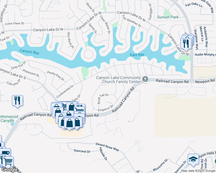 map of restaurants, bars, coffee shops, grocery stores, and more near 23621 Black Duck Drive in Canyon Lake