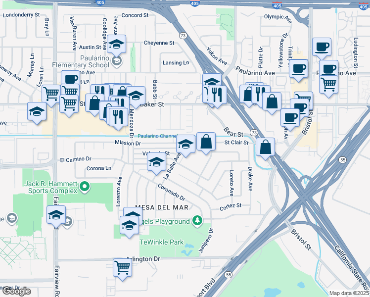 map of restaurants, bars, coffee shops, grocery stores, and more near 2876 La Salle Avenue in Costa Mesa