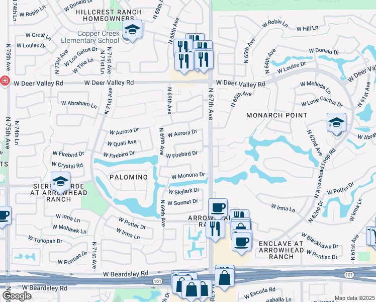 map of restaurants, bars, coffee shops, grocery stores, and more near 6775 West Firebird Drive in Glendale