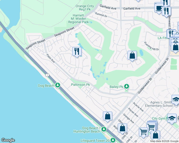 map of restaurants, bars, coffee shops, grocery stores, and more near 6371 Turnberry Circle in Huntington Beach