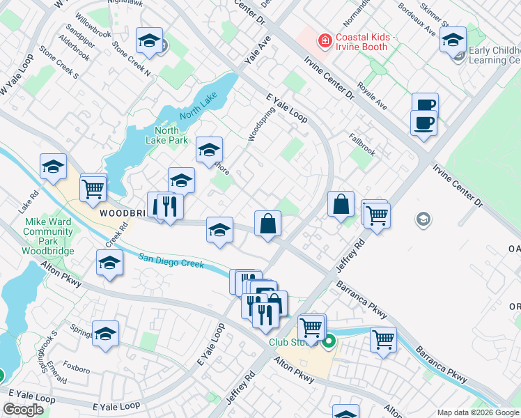 map of restaurants, bars, coffee shops, grocery stores, and more near 34 Lone Pine in Irvine