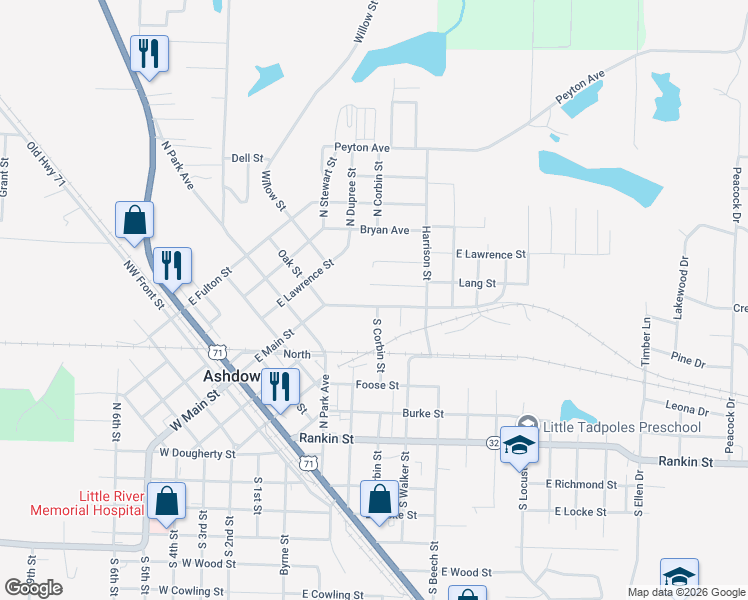 map of restaurants, bars, coffee shops, grocery stores, and more near 471 East Main Street in Ashdown