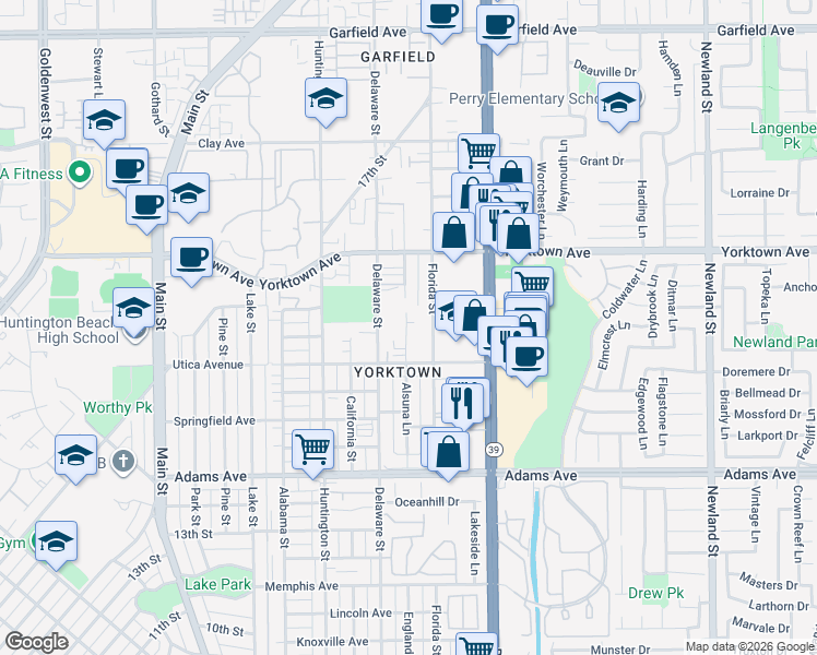 map of restaurants, bars, coffee shops, grocery stores, and more near 2202 Hess Circle in Huntington Beach