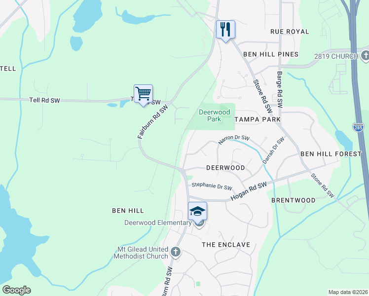 map of restaurants, bars, coffee shops, grocery stores, and more near 2845 Alexandria Drive Southwest in Atlanta