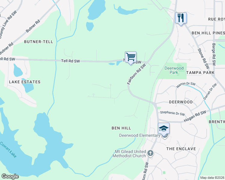 map of restaurants, bars, coffee shops, grocery stores, and more near 2820 Riverchess Court Southwest in Atlanta