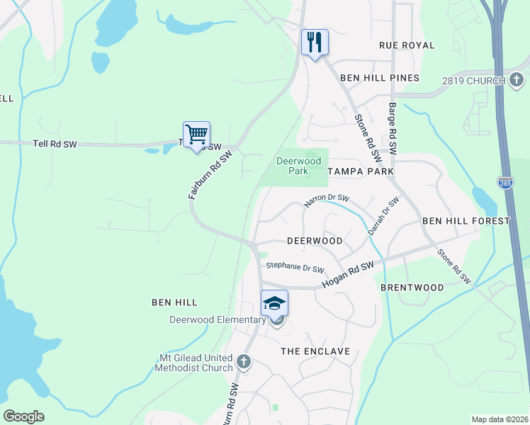 map of restaurants, bars, coffee shops, grocery stores, and more near 2855 Alexandria Drive Southwest in Atlanta