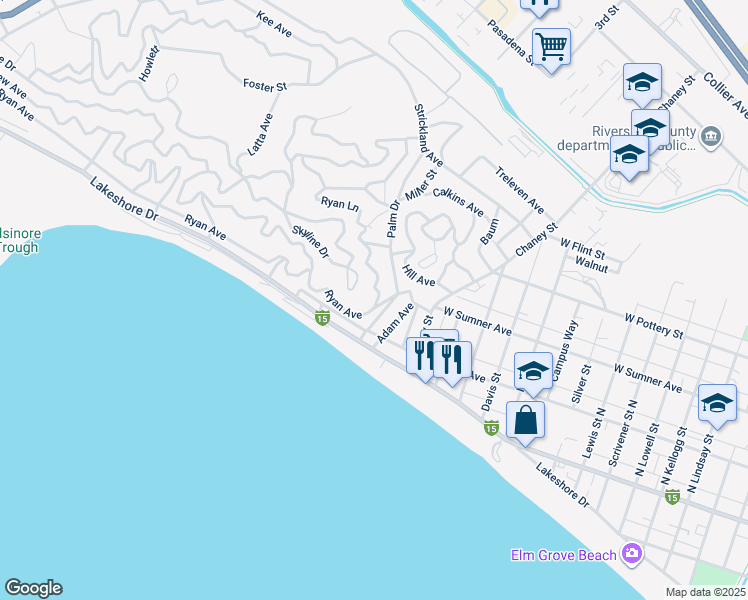 map of restaurants, bars, coffee shops, grocery stores, and more near Ryan Lane in Lake Elsinore