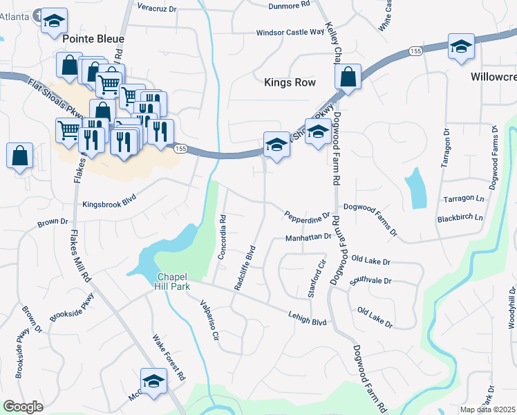 map of restaurants, bars, coffee shops, grocery stores, and more near 4129 Pepperdine Drive in Decatur