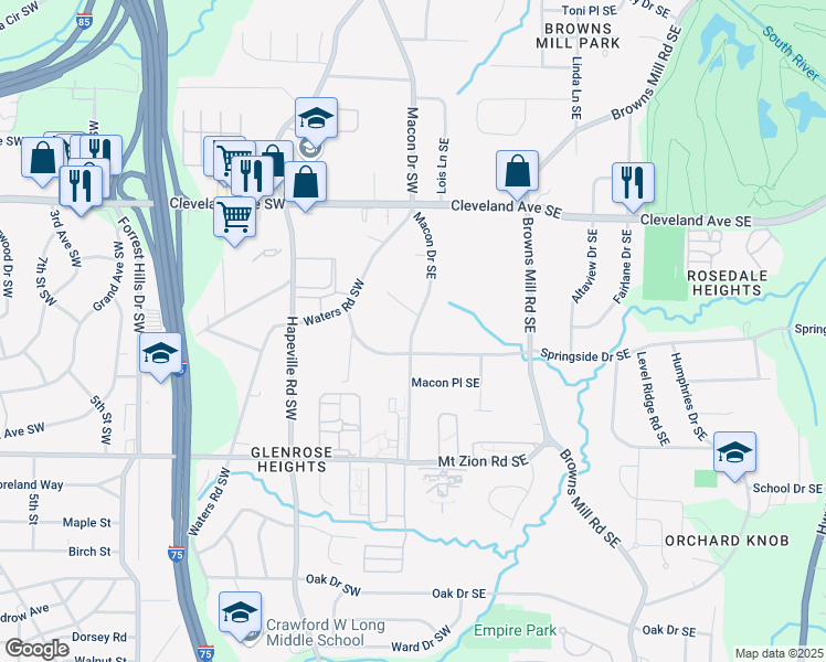 map of restaurants, bars, coffee shops, grocery stores, and more near Macon Drive Southeast in Atlanta