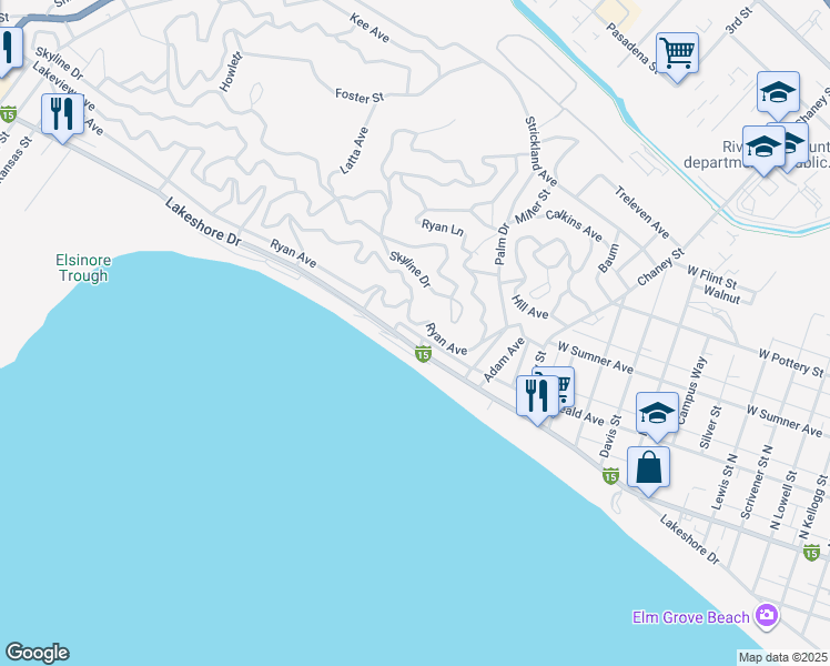 map of restaurants, bars, coffee shops, grocery stores, and more near Benedict Avenue in Lake Elsinore