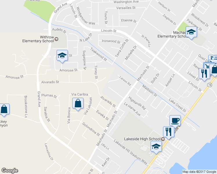 map of restaurants, bars, coffee shops, grocery stores, and more near Crestview Drive in Lake Elsinore
