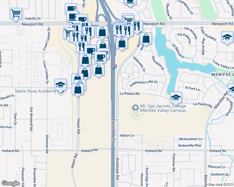 map of restaurants, bars, coffee shops, grocery stores, and more near Antelope Rd & La Piedra Rd in Menifee