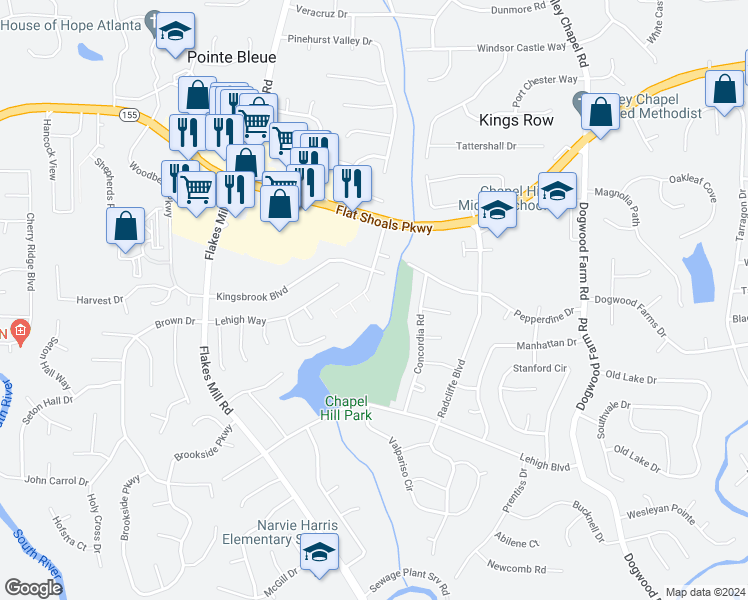 map of restaurants, bars, coffee shops, grocery stores, and more near 4064 Wortham Way in Decatur