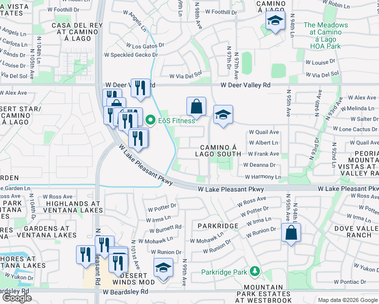map of restaurants, bars, coffee shops, grocery stores, and more near 9857 West Deanna Drive in Peoria