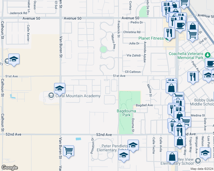 map of restaurants, bars, coffee shops, grocery stores, and more near 51075 Frederick Street in Coachella