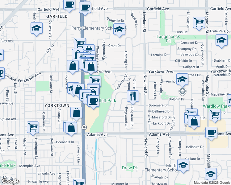 map of restaurants, bars, coffee shops, grocery stores, and more near 19722 Elmcrest Lane in Huntington Beach