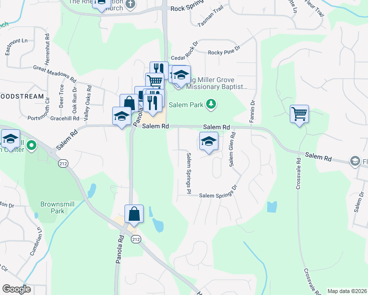 map of restaurants, bars, coffee shops, grocery stores, and more near 5274 Salem Springs Place in Stonecrest