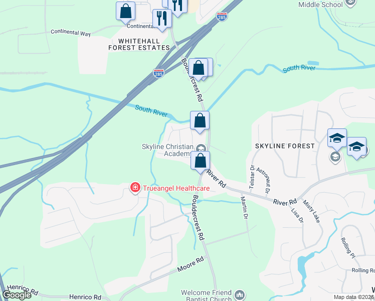 map of restaurants, bars, coffee shops, grocery stores, and more near 3631 Boulder Ridge Court in Ellenwood