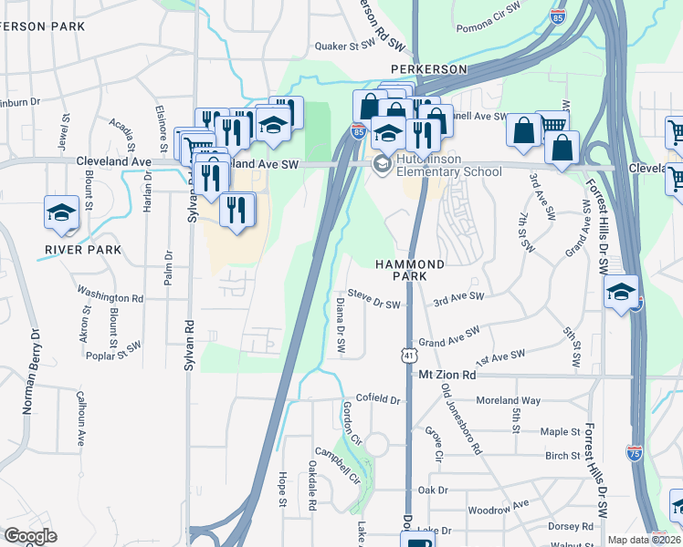 map of restaurants, bars, coffee shops, grocery stores, and more near 675 Steve Drive Southwest in Atlanta