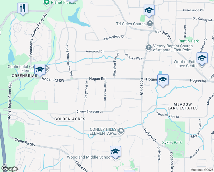 map of restaurants, bars, coffee shops, grocery stores, and more near 2895 Rockwood Road in East Point