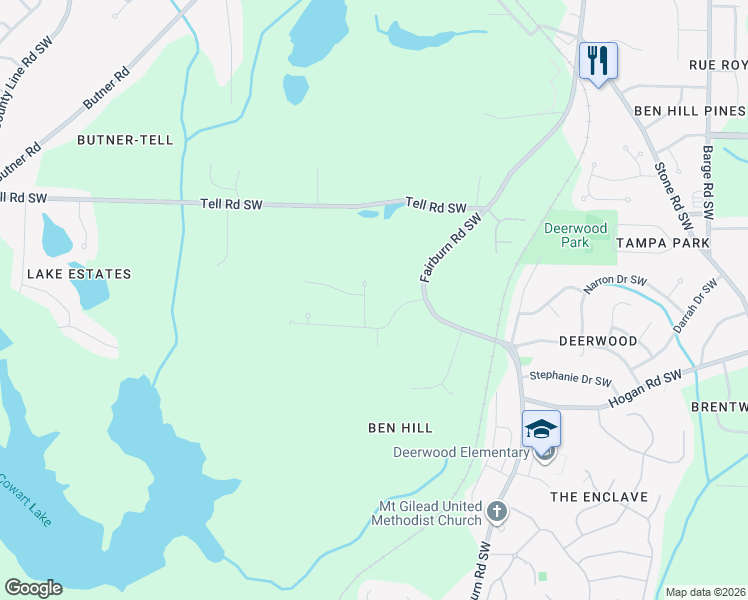 map of restaurants, bars, coffee shops, grocery stores, and more near 2820 Riverchess Court Southwest in Atlanta