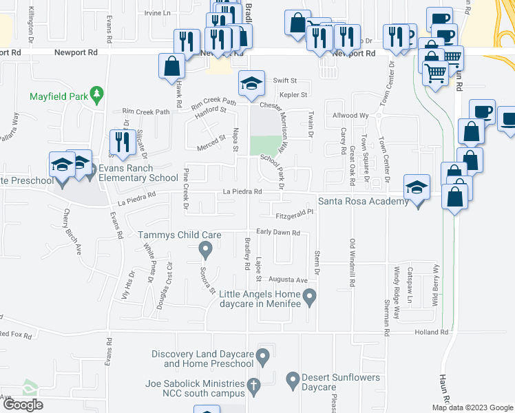 map of restaurants, bars, coffee shops, grocery stores, and more near 27025 Hemingway Court in Menifee