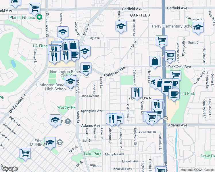 map of restaurants, bars, coffee shops, grocery stores, and more near in Huntington Beach