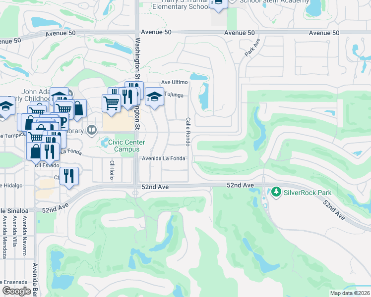 map of restaurants, bars, coffee shops, grocery stores, and more near 78745 Avenue La Jarita in La Quinta