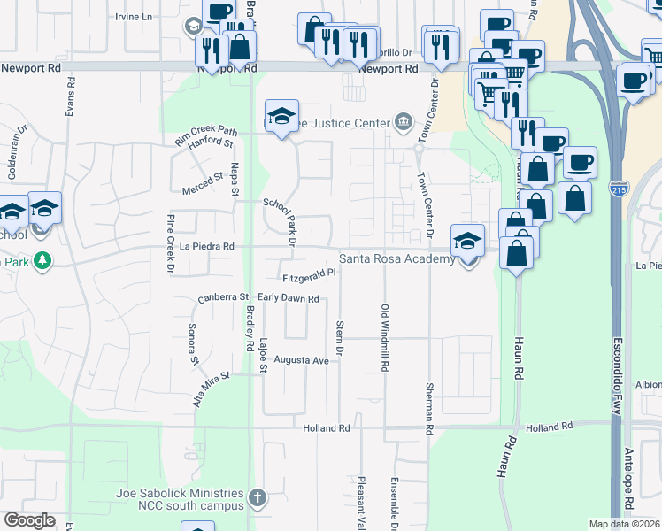 map of restaurants, bars, coffee shops, grocery stores, and more near Glaspell Court in Menifee