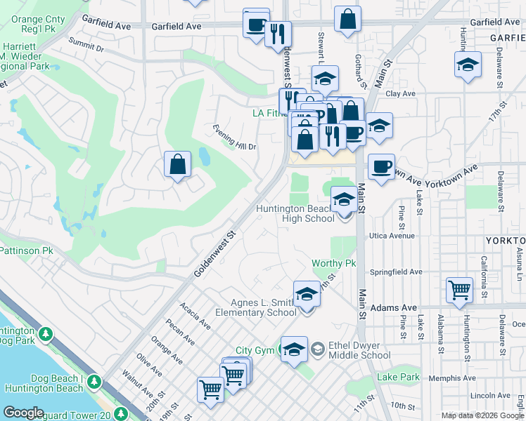 map of restaurants, bars, coffee shops, grocery stores, and more near 7021 Seal Circle in Huntington Beach