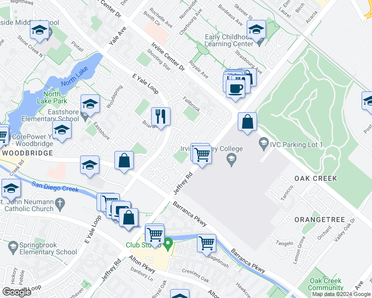 map of restaurants, bars, coffee shops, grocery stores, and more near 43 Glenhurst in Irvine