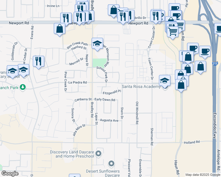 map of restaurants, bars, coffee shops, grocery stores, and more near 27165 Hemingway Court in Menifee