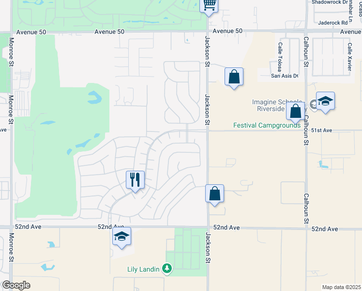 map of restaurants, bars, coffee shops, grocery stores, and more near 82865 Kingsboro Lane in Indio
