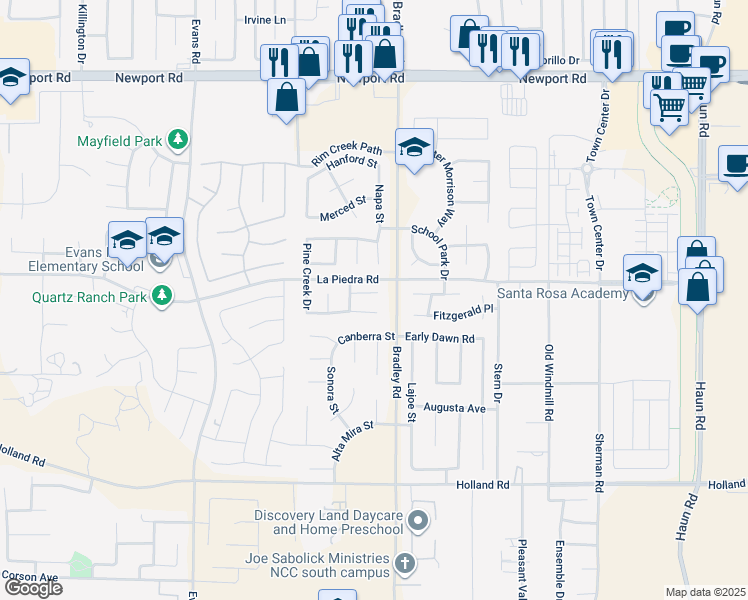 map of restaurants, bars, coffee shops, grocery stores, and more near 26943 Mirabella Court in Menifee
