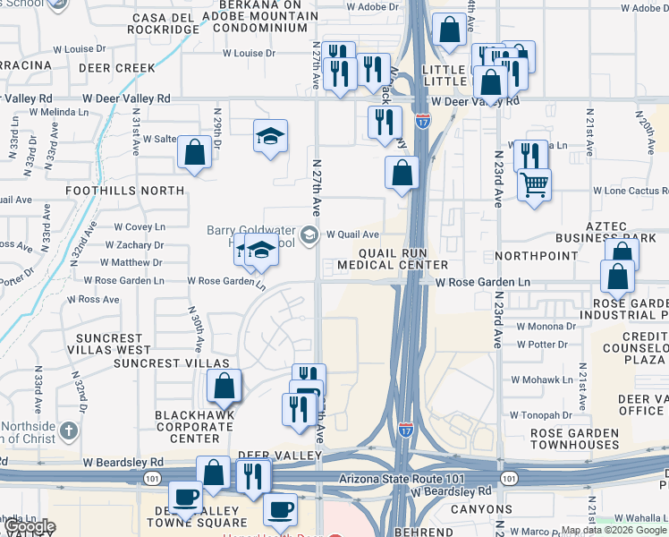 map of restaurants, bars, coffee shops, grocery stores, and more near 21011 North 27th Avenue in Phoenix