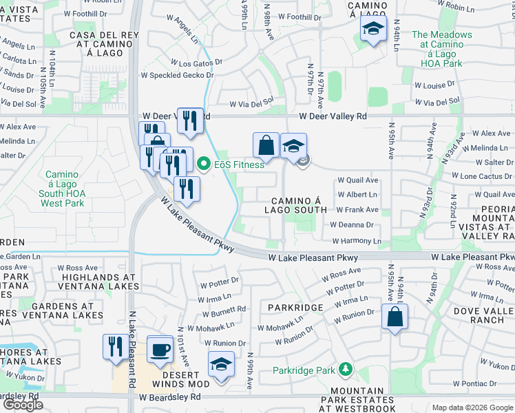 map of restaurants, bars, coffee shops, grocery stores, and more near 9857 West Deanna Drive in Peoria