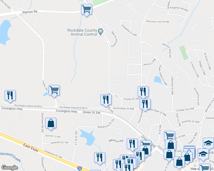 map of restaurants, bars, coffee shops, grocery stores, and more near 1256 Rockbridge Road Northwest in Conyers