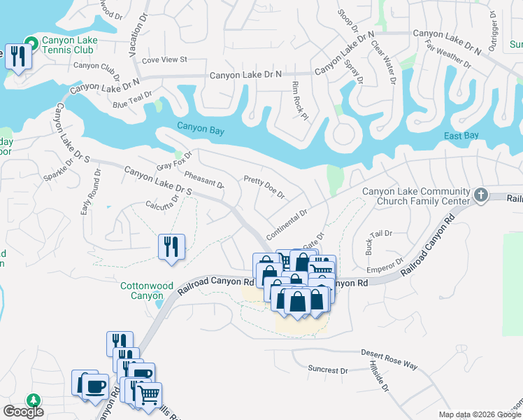 map of restaurants, bars, coffee shops, grocery stores, and more near 30542 Meadowlark Drive in Canyon Lake