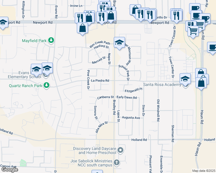 map of restaurants, bars, coffee shops, grocery stores, and more near 26943 Mirabella Court in Menifee