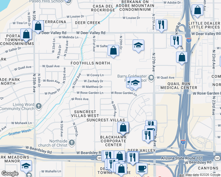 map of restaurants, bars, coffee shops, grocery stores, and more near 21001 North 30th Avenue in Phoenix