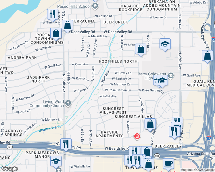 map of restaurants, bars, coffee shops, grocery stores, and more near 3201 West Rose Garden Lane in Phoenix