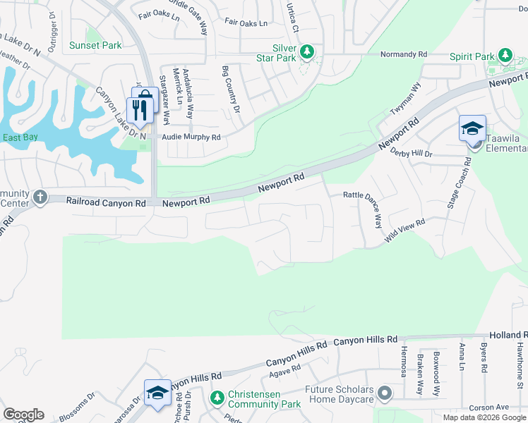 map of restaurants, bars, coffee shops, grocery stores, and more near 30560 Green Vista Drive in Menifee